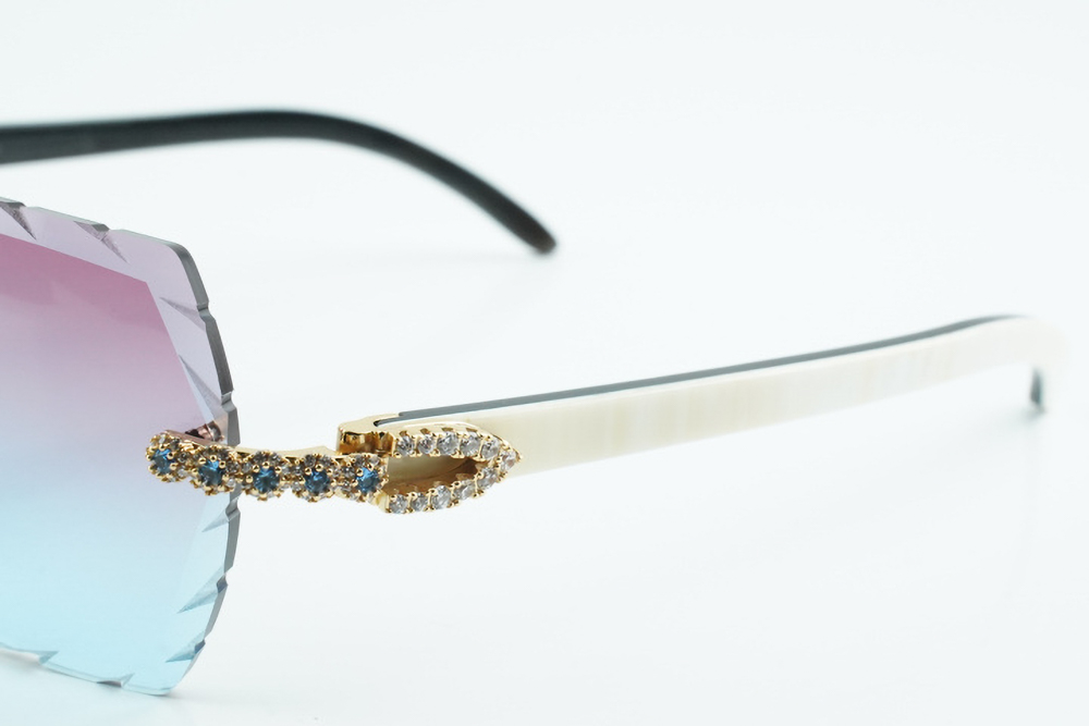Custom Carti White and Black Buffs – Diamond Cut Purple and Blue Butterfly Lens | White and Black Buffalo Horn | Crystal Flower Frame