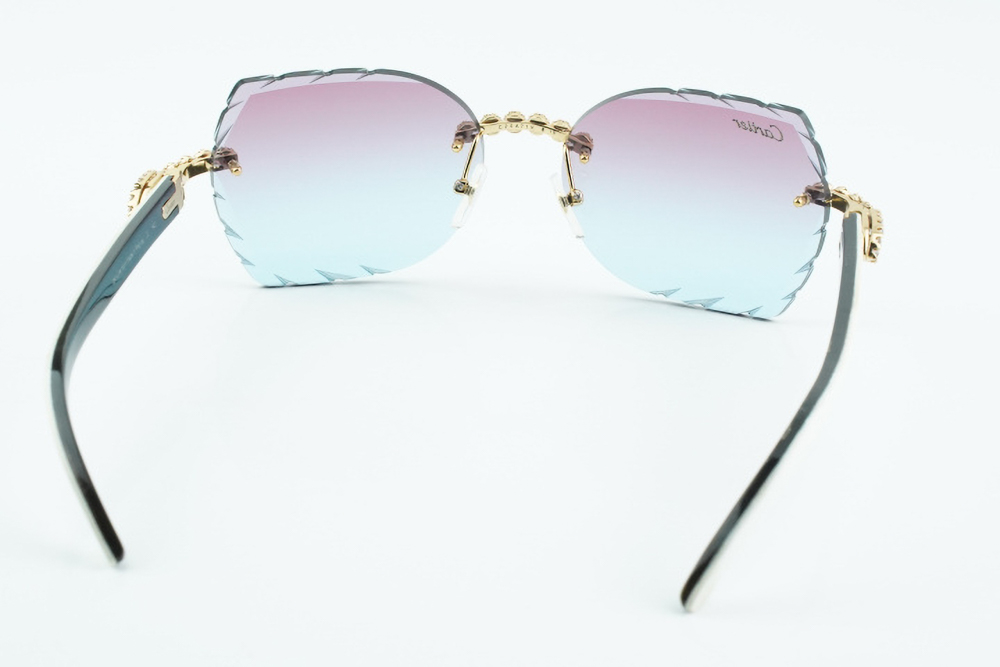 Custom Carti White and Black Buffs – Diamond Cut Purple and Blue Butterfly Lens | White and Black Buffalo Horn | Crystal Flower Frame