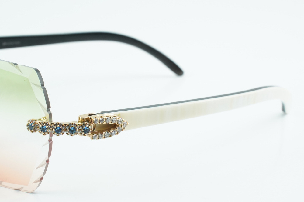 Custom Carti White and Black Buffs – Diamond Cut Green and Red Butterfly Lens | White and Black Buffalo Horn | Crystal Flower Frame