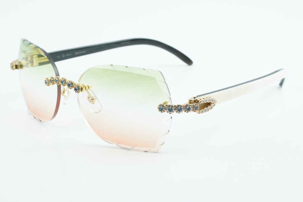Custom Carti White and Black Buffs – Diamond Cut Green and Red Butterfly Lens | White and Black Buffalo Horn | Crystal Flower Frame