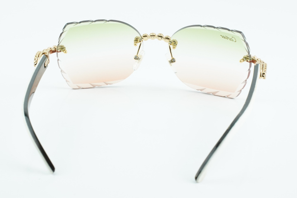 Custom Carti White and Black Buffs – Diamond Cut Green and Red Butterfly Lens | White and Black Buffalo Horn | Crystal Flower Frame