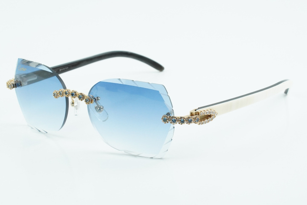 Custom Carti White and Black Buffs – Diamond Cut Blue Butterfly Lens | White and Black Buffalo Horn | Crystal Flower Frame