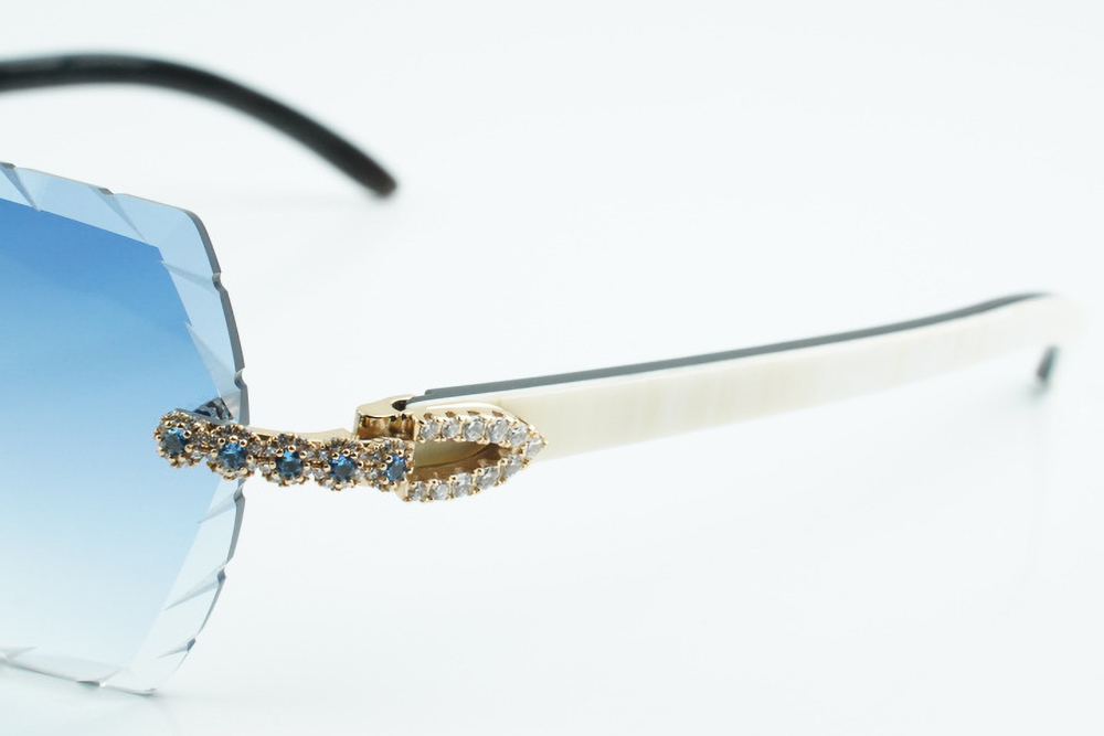 Custom Carti White and Black Buffs – Diamond Cut Blue Butterfly Lens | White and Black Buffalo Horn | Crystal Flower Frame
