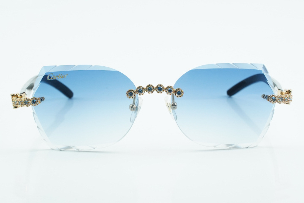Custom Carti White and Black Buffs – Diamond Cut Blue Butterfly Lens | White and Black Buffalo Horn | Crystal Flower Frame