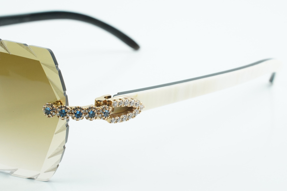 Custom Carti White and Black Buffs – Diamond Cut Brown Butterfly Lens | White and Black Buffalo Horn | Crystal Flower Frame