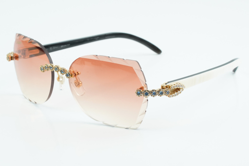 Custom Carti White and Black Buffs – Diamond Cut Red Butterfly Lens | White and Black Buffalo Horn | Crystal Flower Frame