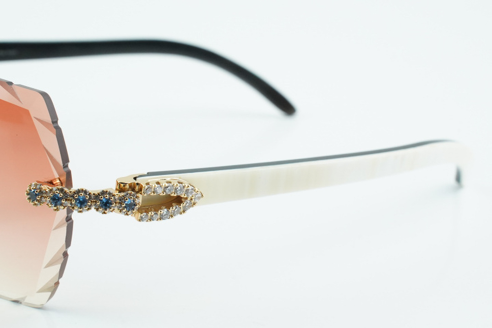 Custom Carti White and Black Buffs – Diamond Cut Red Butterfly Lens | White and Black Buffalo Horn | Crystal Flower Frame
