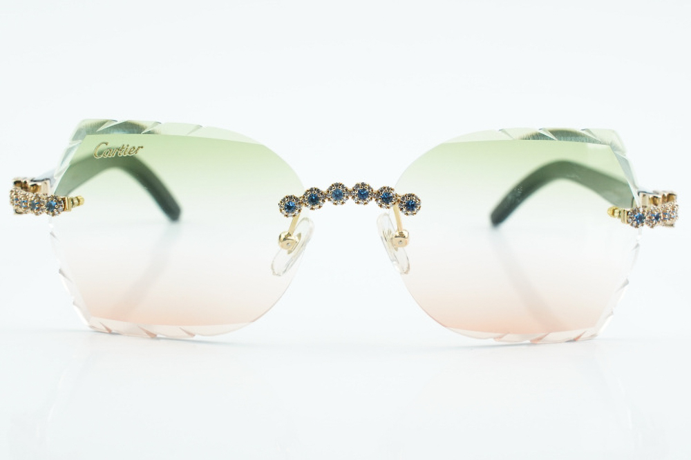 Custom Carti All Black Buffs – Diamond Cut Green and Red Butterfly Lens | Black Buffalo Horn | Crystal Flower Frame