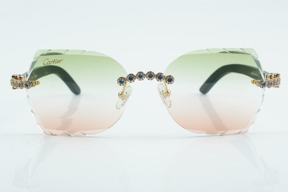 Custom Carti All Black Buffs – Diamond Cut Green and Red Butterfly Lens | Black Buffalo Horn | Crystal Flower Frame