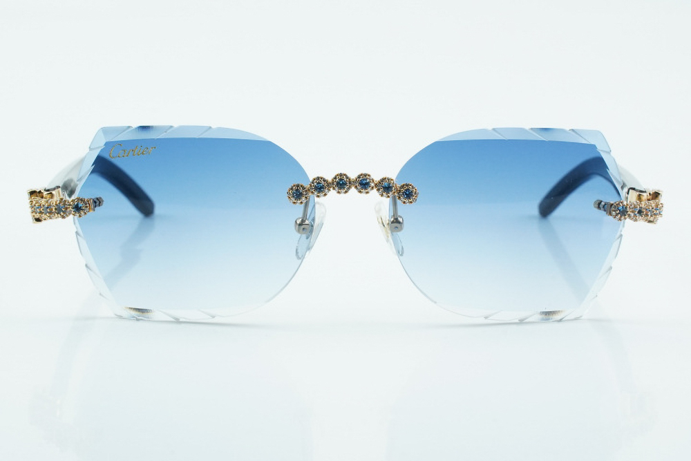 Custom Carti All Black Buffs – Diamond Cut Purple and Blue Butterfly Lens | Black Buffalo Horn | Crystal Flower Frame