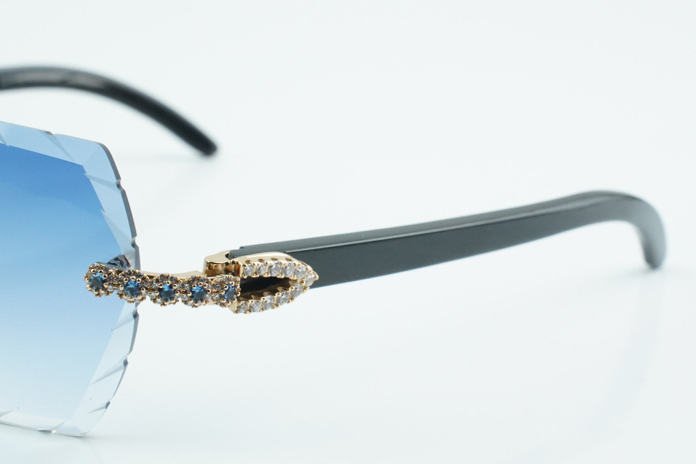 Custom Carti All Black Buffs – Diamond Cut Purple and Blue Butterfly Lens | Black Buffalo Horn | Crystal Flower Frame
