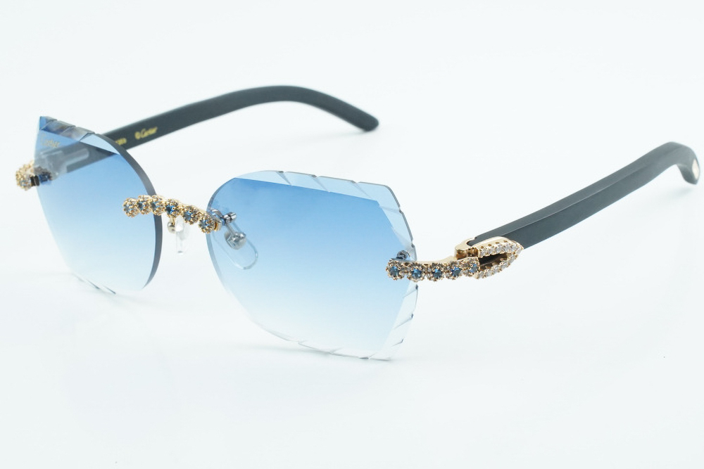 Custom Carti All Black Buffs – Diamond Cut Purple and Blue Butterfly Lens | Black Buffalo Horn | Crystal Flower Frame