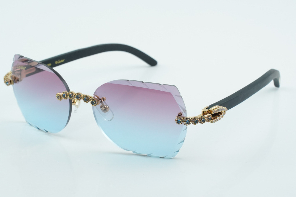 Custom Carti All Black Buffs – Diamond Cut Purple and Blue Butterfly Lens | Black Buffalo Horn | Crystal Flower Frame