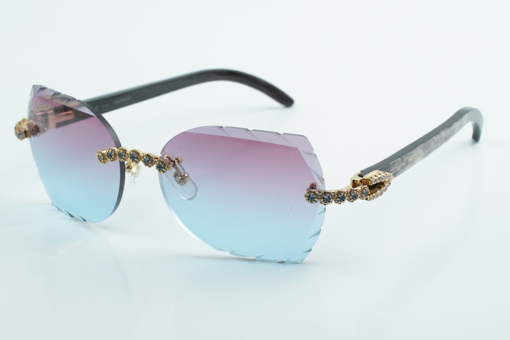 Custom Carti Mixed Black Buffs – Diamond Cut Purple and Blue Butterfly Lens | Mixed Black Buffalo Horn | Crystal Flower Frame