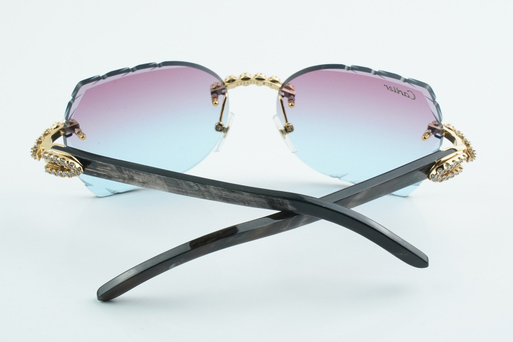 Custom Carti Mixed Black Buffs – Diamond Cut Purple and Blue Butterfly Lens | Mixed Black Buffalo Horn | Crystal Flower Frame