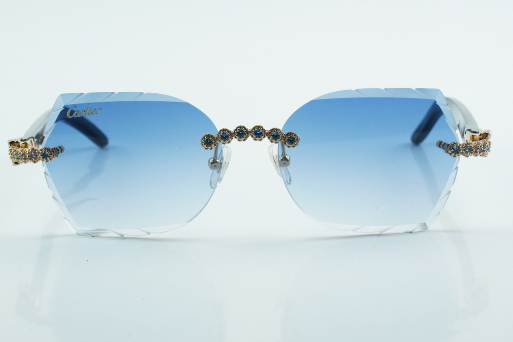 Custom Carti Mixed Black Buffs – Diamond Cut Blue Butterfly Lens | Mixed Black Buffalo Horn | Crystal Flower Frame