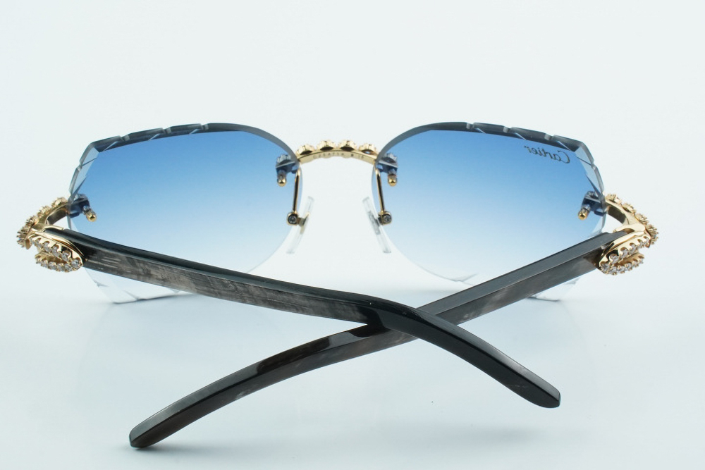 Custom Carti Mixed Black Buffs – Diamond Cut Blue Butterfly Lens | Mixed Black Buffalo Horn | Crystal Flower Frame
