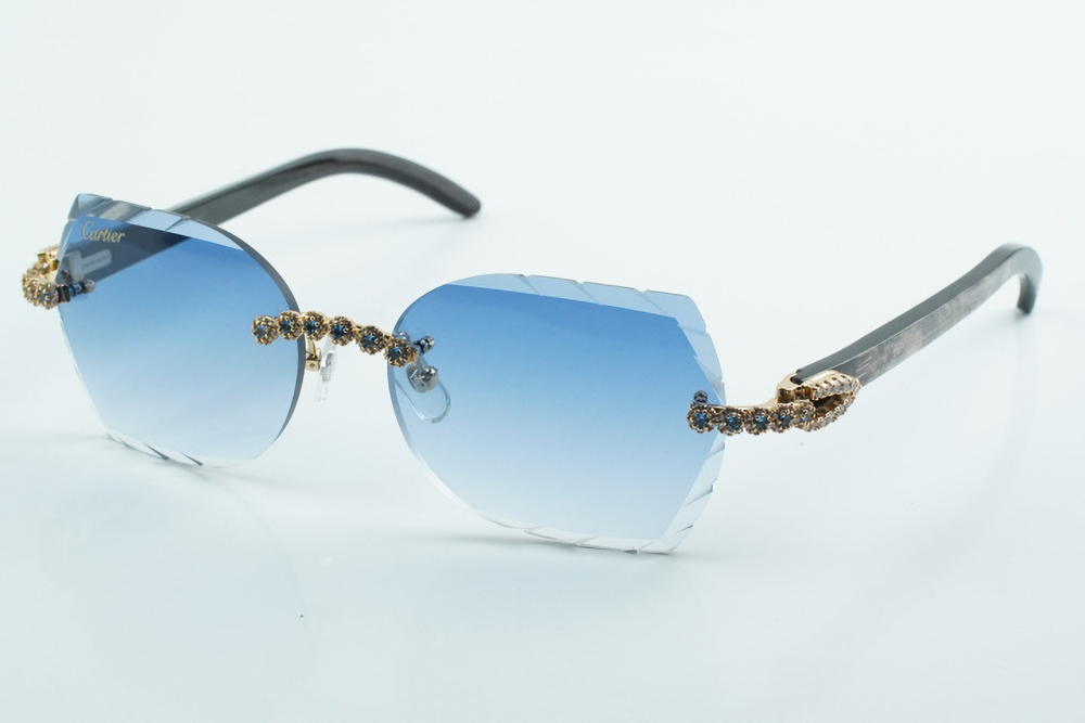 Custom Carti Mixed Black Buffs – Diamond Cut Blue Butterfly Lens | Mixed Black Buffalo Horn | Crystal Flower Frame