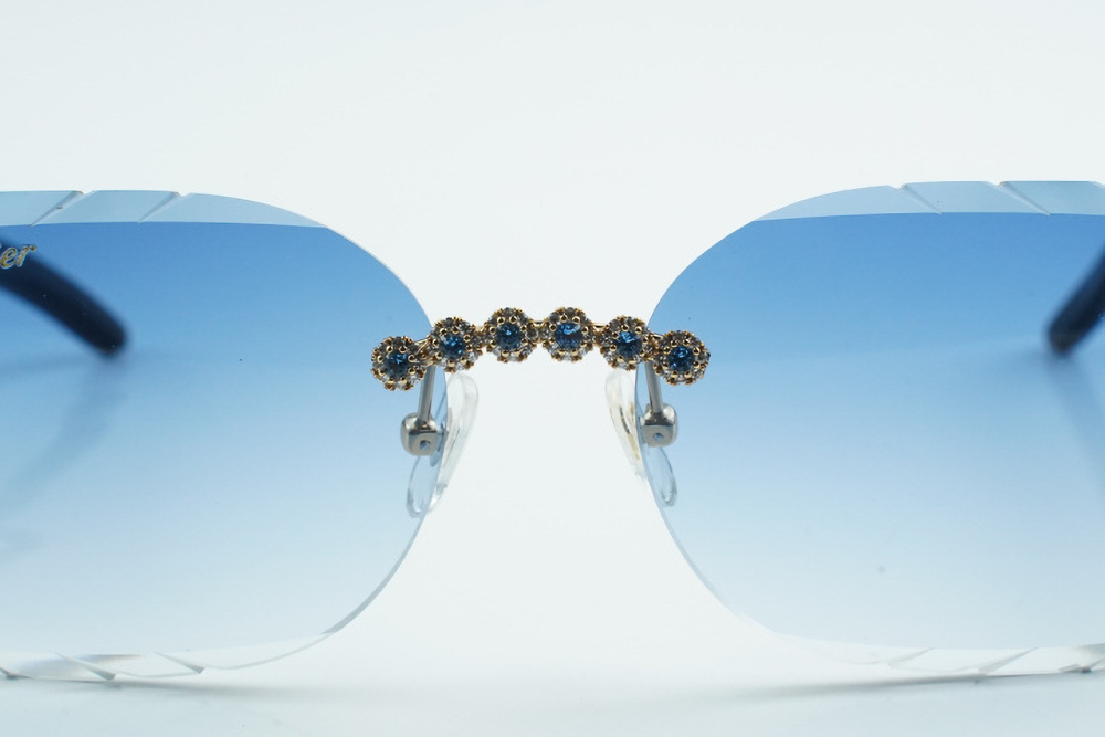 Custom Carti Mixed Black Buffs – Diamond Cut Blue Butterfly Lens | Mixed Black Buffalo Horn | Crystal Flower Frame