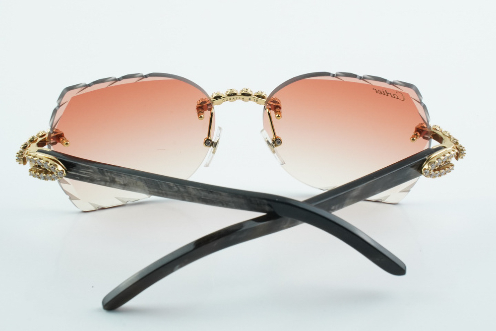 Custom Carti Mixed Black Buffs – Diamond Cut Red Butterfly Lens | Mixed Black Buffalo Horn | Crystal Flower Frame
