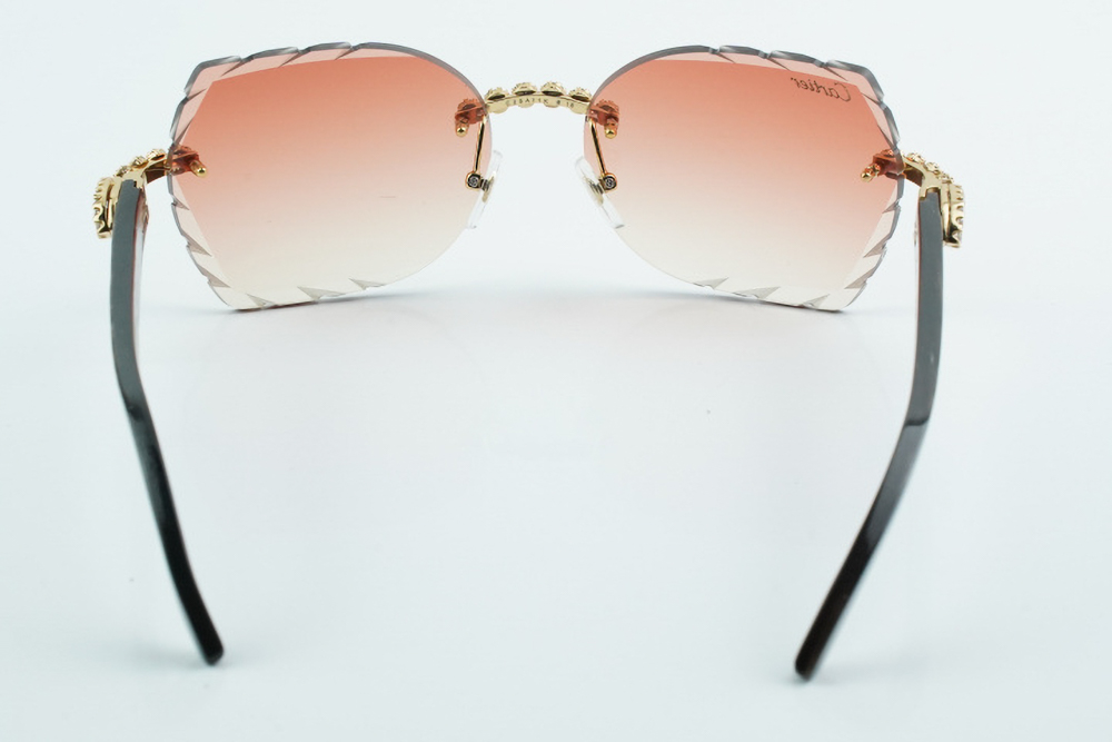 Custom Carti Mixed Black Buffs – Diamond Cut Red Butterfly Lens | Mixed Black Buffalo Horn | Crystal Flower Frame