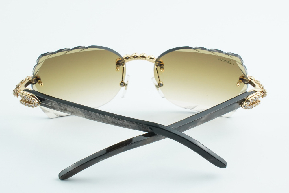 Custom Carti Mixed Black Buffs – Diamond Cut Brown Butterfly Lens | Mixed Black Buffalo Horn | Crystal Flower Frame