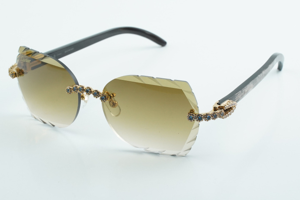 Custom Carti Mixed Black Buffs – Diamond Cut Brown Butterfly Lens | Mixed Black Buffalo Horn | Crystal Flower Frame