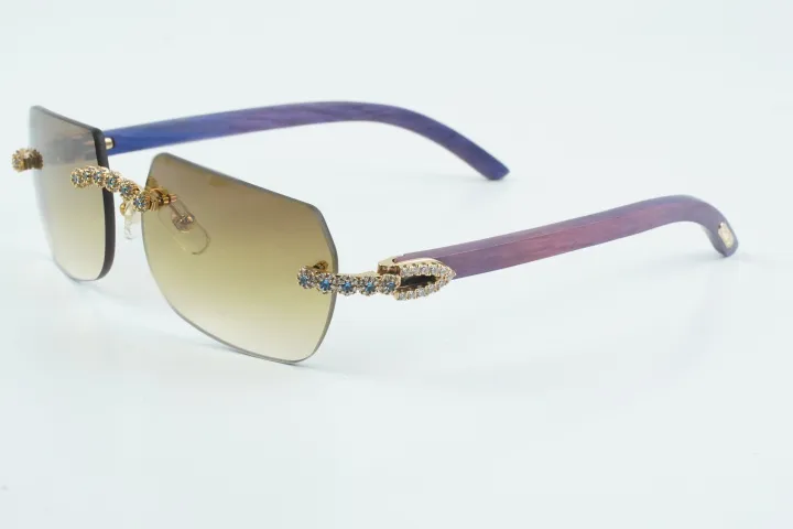 Custom Carti Buffs – Purple Wood Arms with Brown Tint Lenses | Gold/Silver Frame & Crystal Flower Detailing
