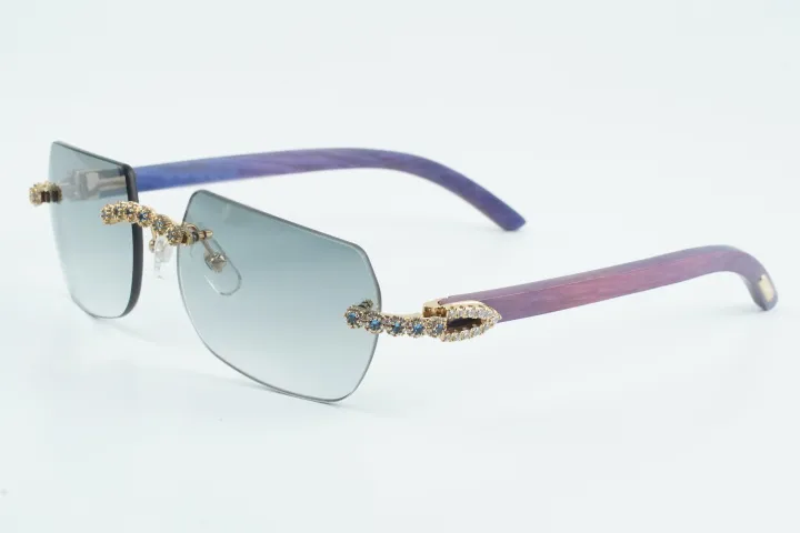 Custom Carti Buffs – Purple Wood Arms with Grey Tint Lenses | Gold/Silver Frame & Crystal Flower Detailing