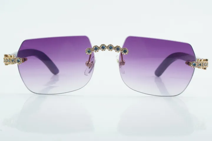 Custom Carti Buffs – Purple Wood Arms with Purple Tint Lenses | Gold/Silver Frame & Crystal Flower Detailing