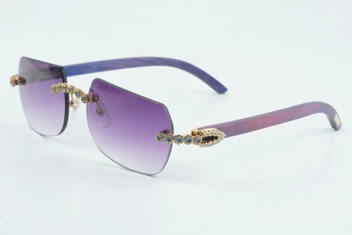 Custom Carti Buffs – Purple Wood Arms with Purple Tint Lenses | Gold/Silver Frame & Crystal Flower Detailing