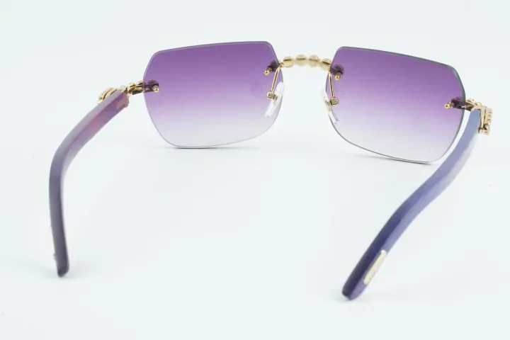 Custom Carti Buffs – Purple Wood Arms with Purple Tint Lenses | Gold/Silver Frame & Crystal Flower Detailing