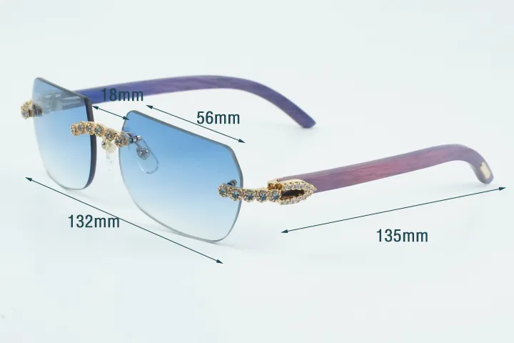 Custom Carti Buffs – Purple Wood Arms with Blue Tint Lenses | Gold/Silver Frame & Crystal Flower Detailing