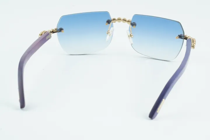 Custom Carti Buffs – Purple Wood Arms with Blue Tint Lenses | Gold/Silver Frame & Crystal Flower Detailing