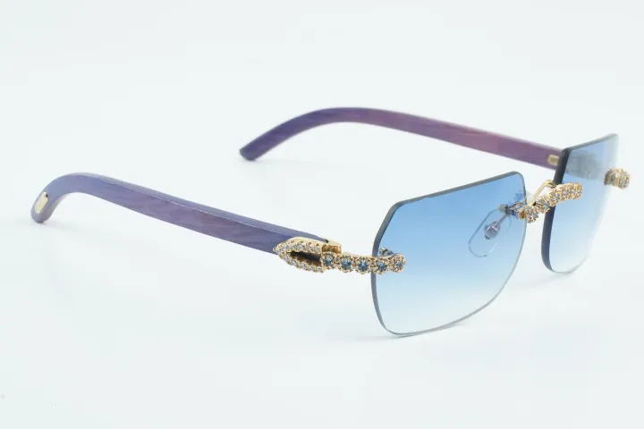 Custom Carti Buffs – Purple Wood Arms with Blue Tint Lenses | Gold/Silver Frame & Crystal Flower Detailing