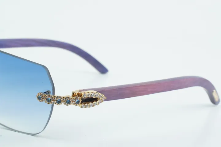 Custom Carti Buffs – Purple Wood Arms with Blue Tint Lenses | Gold/Silver Frame & Crystal Flower Detailing