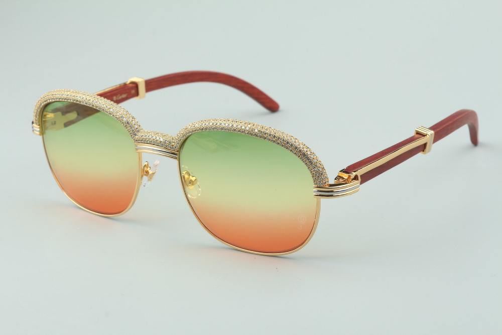 Custom Carti Aviator Buffs – Green & Red Tint Lens | Wood Arms with Gold/Silver Frame & Full Crystal Detailing