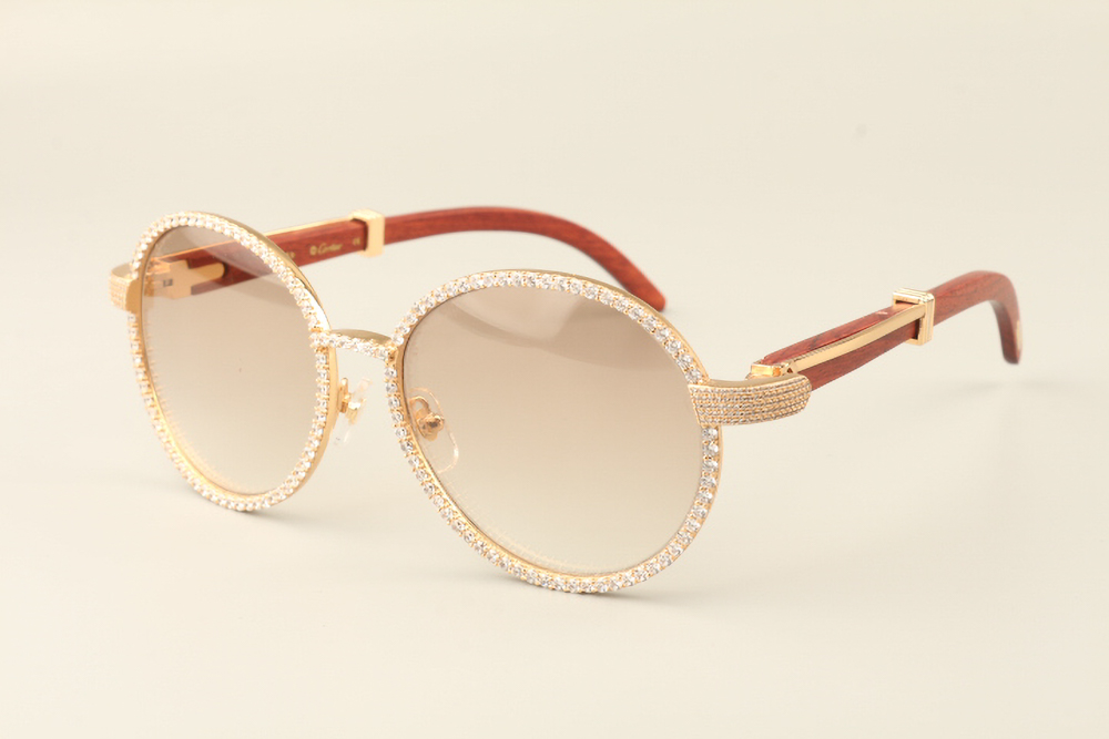 Custom Carti Aviator Buffs – Brown Tint Lens | Wood Arms with Gold/Silver Frame & Full Crystal Detailing