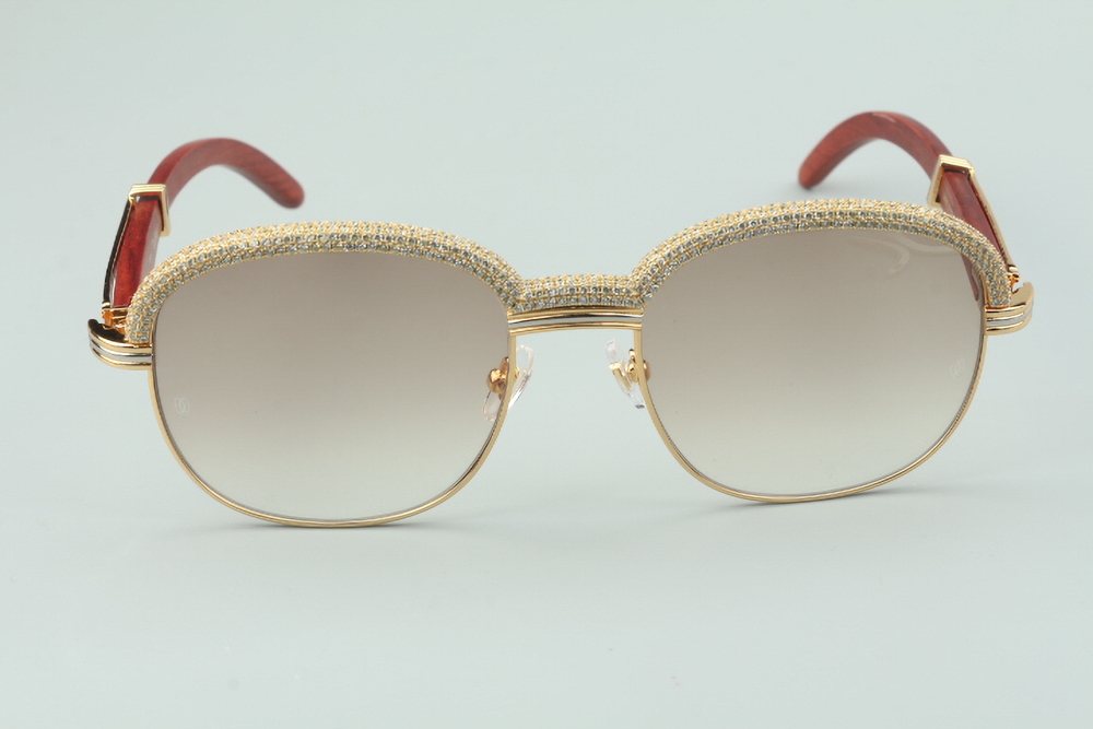 Custom Carti Aviator Buffs 2 – Brown Tint Lens | Wood Arms with Gold/Silver Frame & Full Crystal Detailing