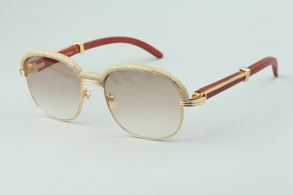 Custom Carti Aviator Buffs 2 – Brown Tint Lens | Wood Arms with Gold/Silver Frame & Full Crystal Detailing