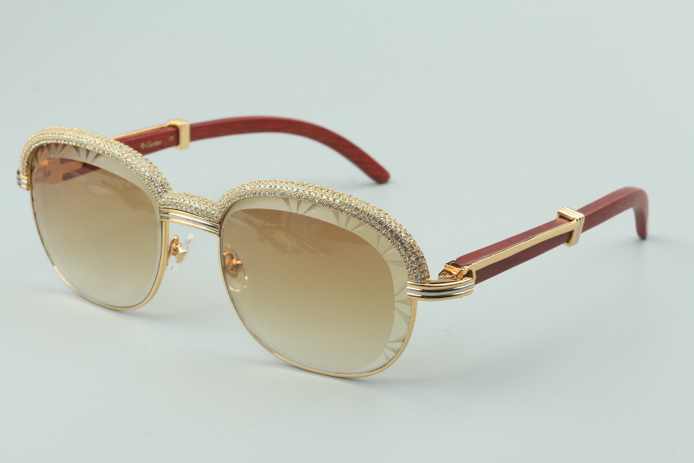 Custom Carti Aviator Buffs 2 – Diamond Cut Brown Tint Lens | Wood Arms with Gold/Silver Frame & Full Crystal Detailing