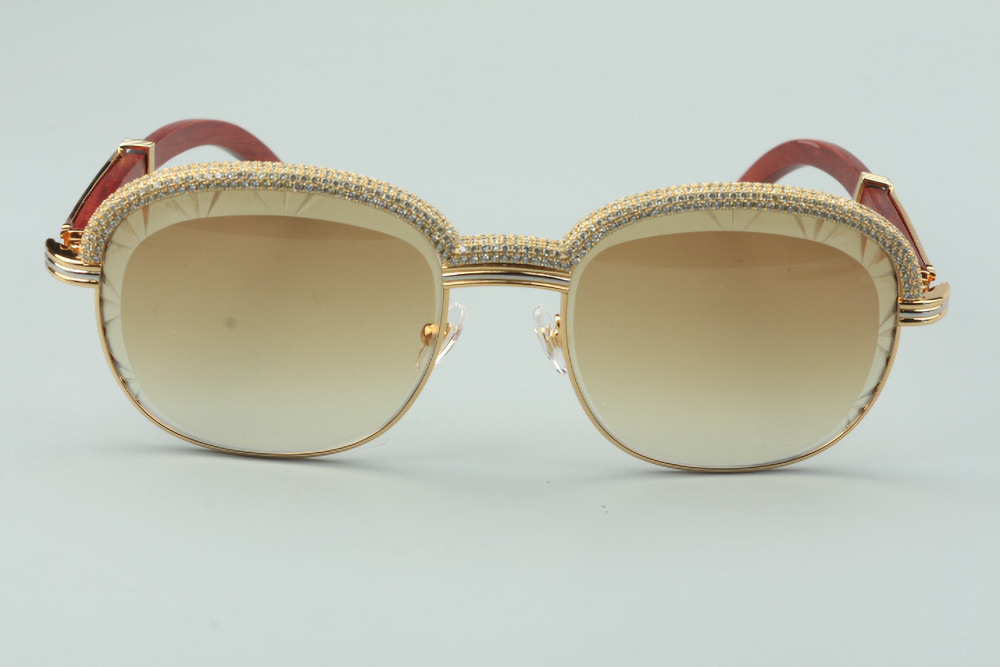 Custom Carti Aviator Buffs 2 – Diamond Cut Brown Tint Lens | Wood Arms with Gold/Silver Frame & Full Crystal Detailing