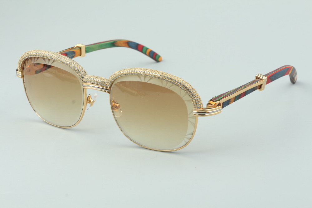 Custom Carti Aviator Buffs 2 – Diamond Cut Brown Tint Lens | Peacock Wood Arms with Gold/Silver Frame & Full Crystal Detailing