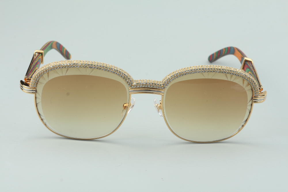 Custom Carti Aviator Buffs 2 – Diamond Cut Brown Tint Lens | Peacock Wood Arms with Gold/Silver Frame & Full Crystal Detailing