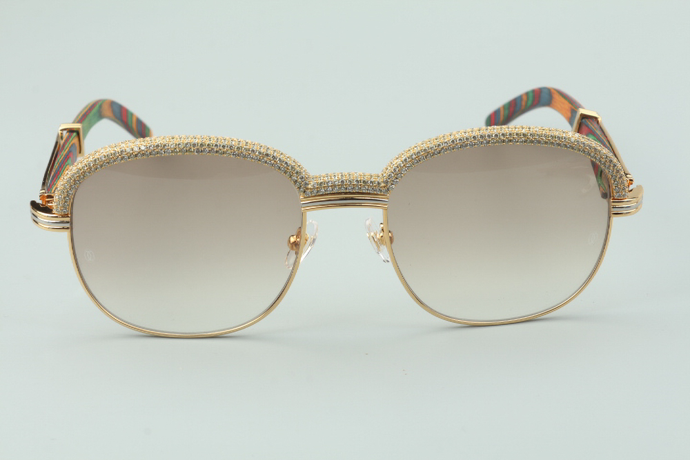 Custom Carti Aviator Buffs 2 – Brown Tint Lens |  Peacock Wood Arms with Gold/Silver Frame & Full Crystal Detailing