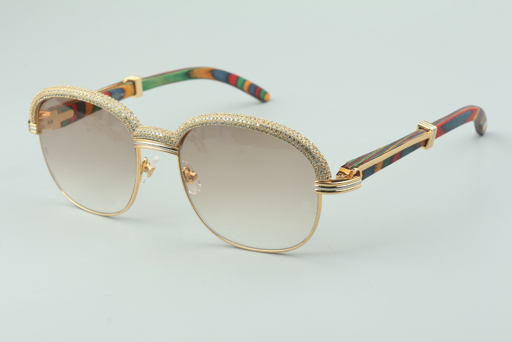 Custom Carti Aviator Buffs 2 – Brown Tint Lens |  Peacock Wood Arms with Gold/Silver Frame & Full Crystal Detailing