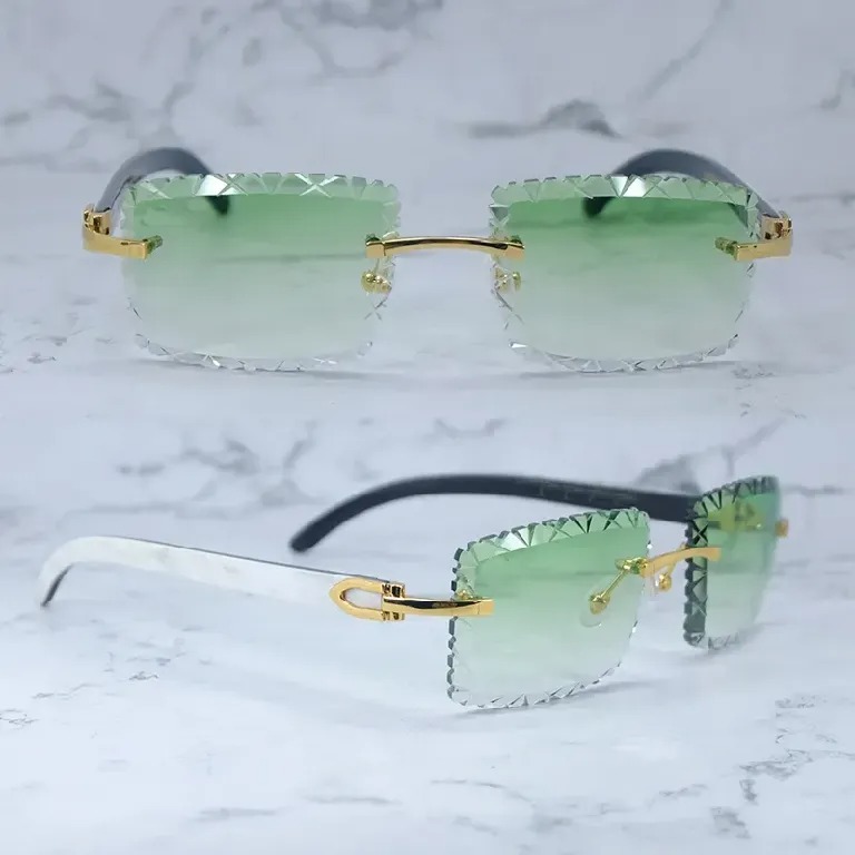 Shark Cut Carti White and Black Marble Buffs with White Moissanite Diamonds (Green Tint)