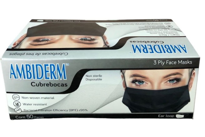 Cubrebocas AMBIDERM Negro - Triple Capa, Caja x50 Piezas.