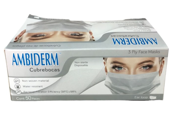 Cubrebocas AMBIDERM Blanco - Triple Capa, Caja x50 Piezas.