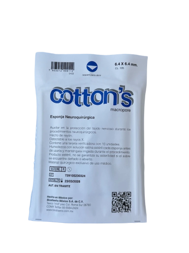 Esponja Neuroquirúrgica Cotton's Macropore. Paquete 10 pzas. 6.4 X 6.4 mm.